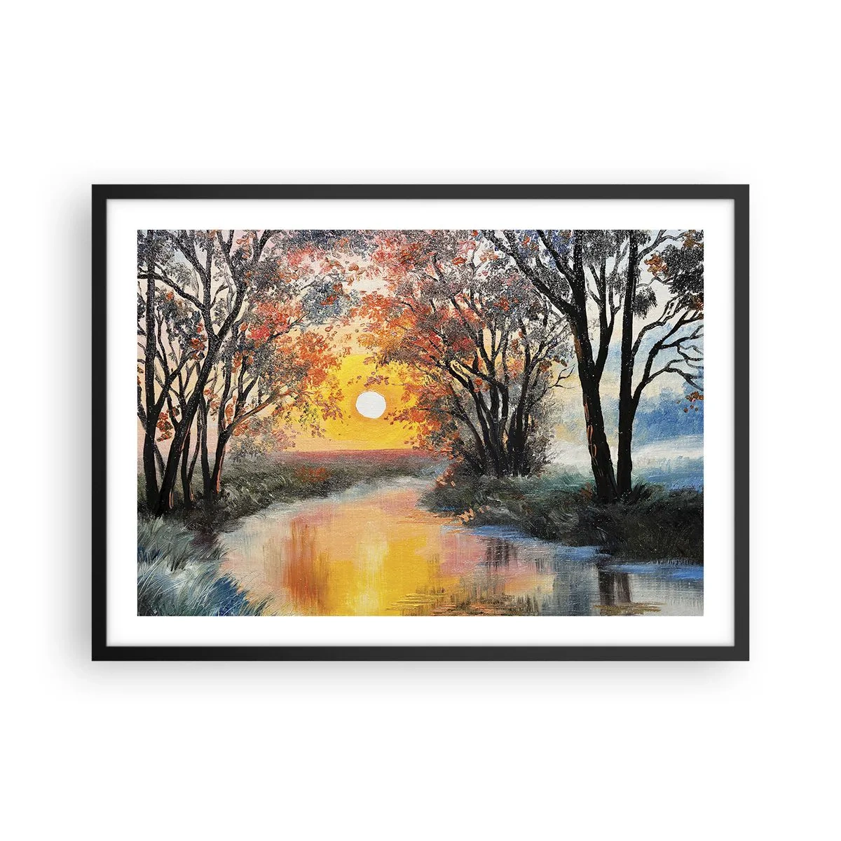 Plakat w czarnej ramie - Zachód słońca nad rzeką w jesiennym krajobrazie - 70x50cm - Jesienne klimaty - Nowoczesna dekoracja ścienna do salonu i sypialni ARTTOR