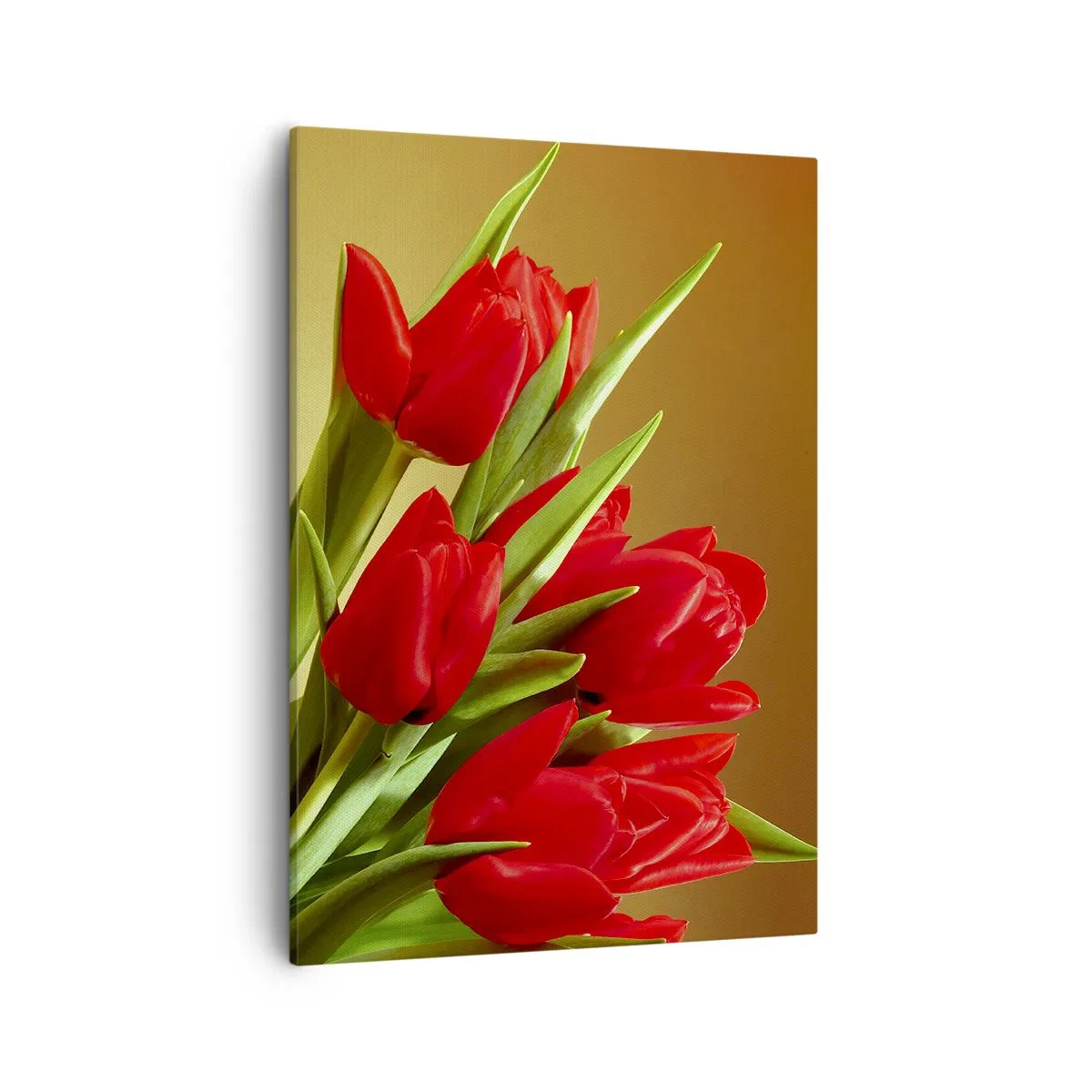 Obraz na płótnie - Bukiet czerwonych tulipanów na tle w ciepłych tonach - 50x70cm - Pęk wiosennej radości - Nowoczesna dekoracja ścienna do salonu, kuchni i sypialni ARTTOR