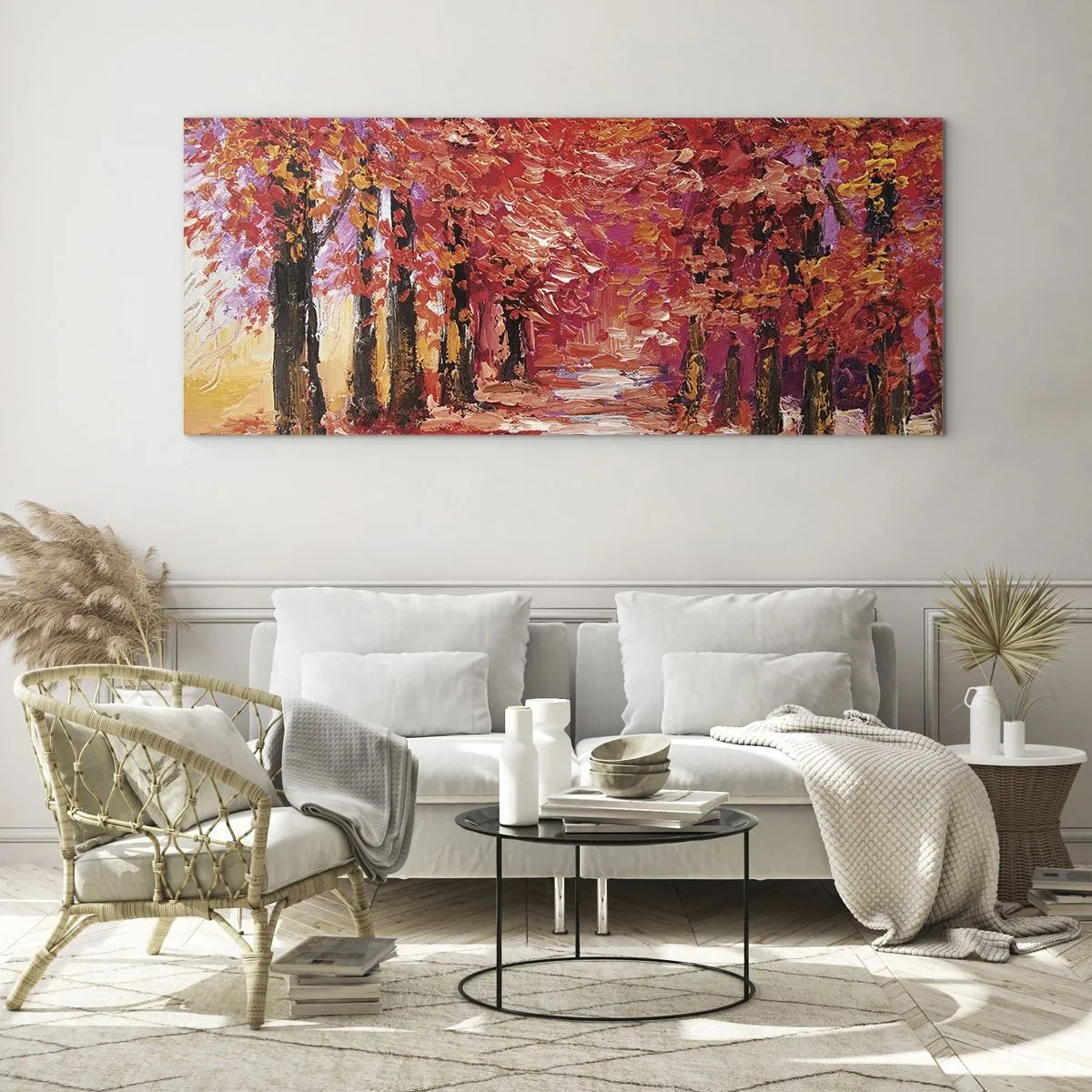 Obraz na szkle - Malownicza alejka w jesiennych barwach w stylu impresjonistycznym - 120x50cm - Jesienna impresja - Nowoczesna dekoracja ścienna do salonu i sypialni ARTTOR