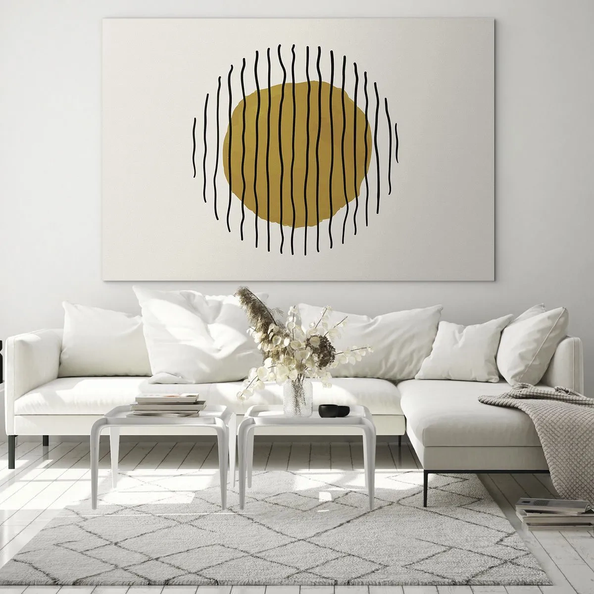 Obraz na szkle - Minimalistyczna kompozycja z żółtym kołem i czarnymi liniami - 70x50cm - Abstrakcja drżąca od żaru - Nowoczesna dekoracja ścienna do salonu i sypialni ARTTOR