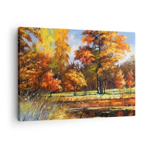 Obraz na płótnie - Jesienny pejzaż z kolorowymi drzewami i stawem - 70x50cm - Pejzaż w złocie i brązie - Nowoczesna dekoracja ścienna do salonu i sypialni ARTTOR