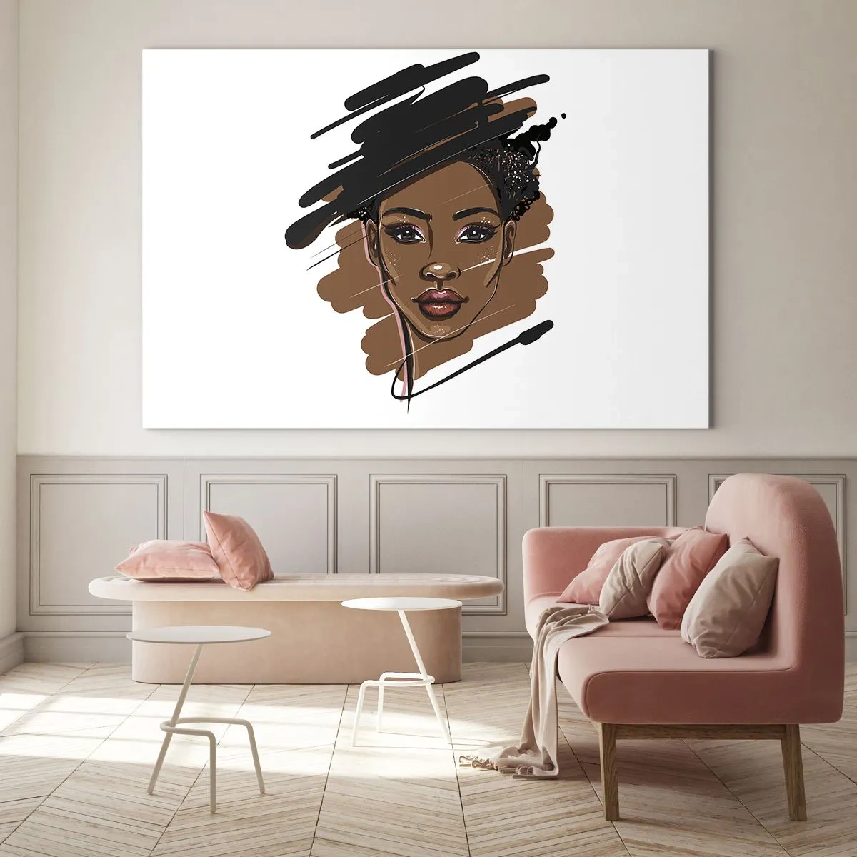 Obraz na szkle - Portret kobiety z czarnoskórej kreski w stylu fashion sketch - 70x50cm - Słodka jak czekolada - Nowoczesna dekoracja ścienna do salonu i sypialni ARTTOR