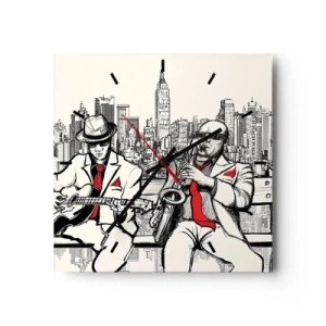 Zegar ścienny - Jazzowy duet z saksofonem i gitarą na tle miasta - 30x30cm - Nowojorska improwizacja - Nowoczesna dekoracja ścienna do salonu i sypialni ARTTOR