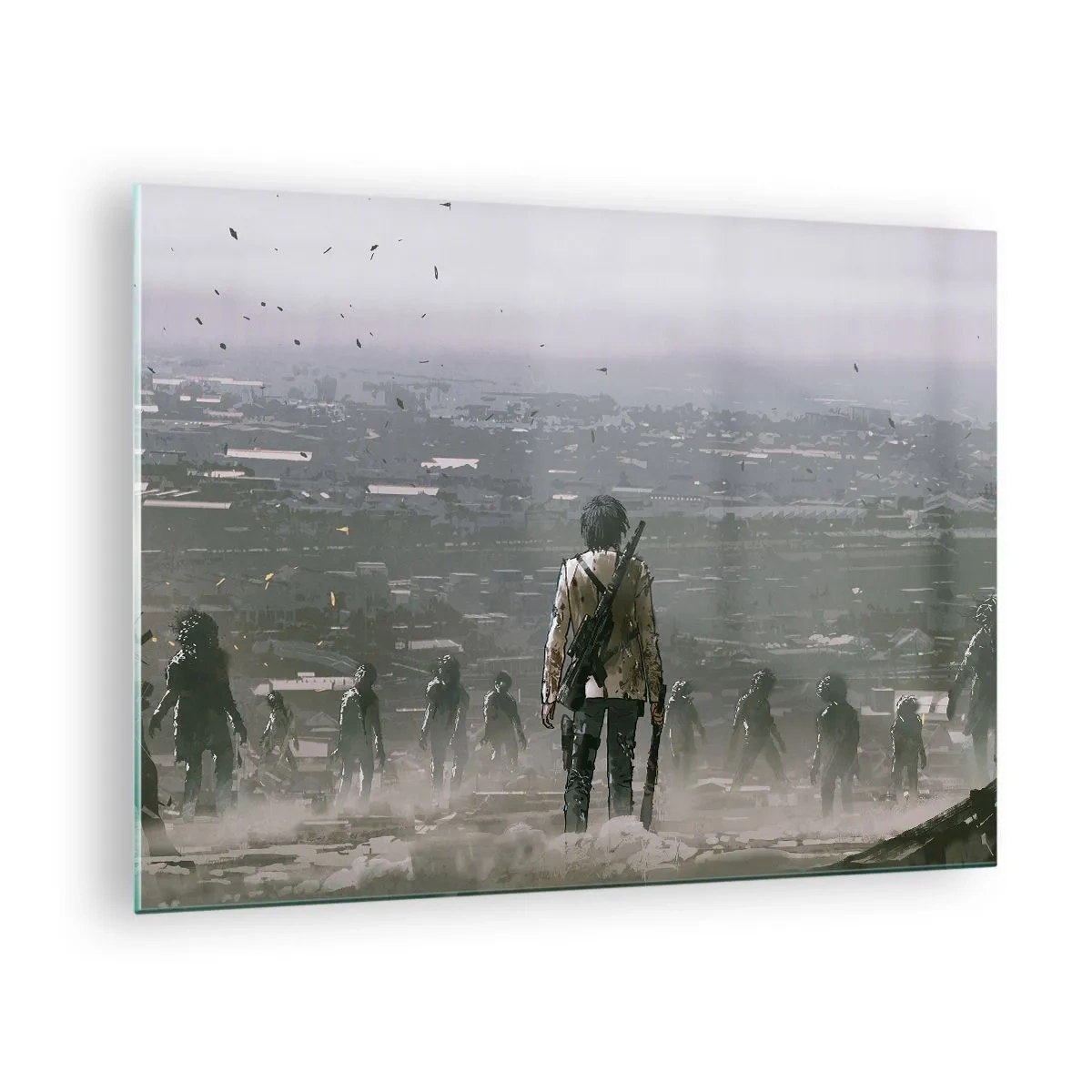 Obraz na szkle - Postać z karabinem w mrocznej scenerii zbliżającej się grupy - 70x50cm - Ostatni sprawiedliwy? - Nowoczesna dekoracja ścienna do salonu i sypialni ARTTOR