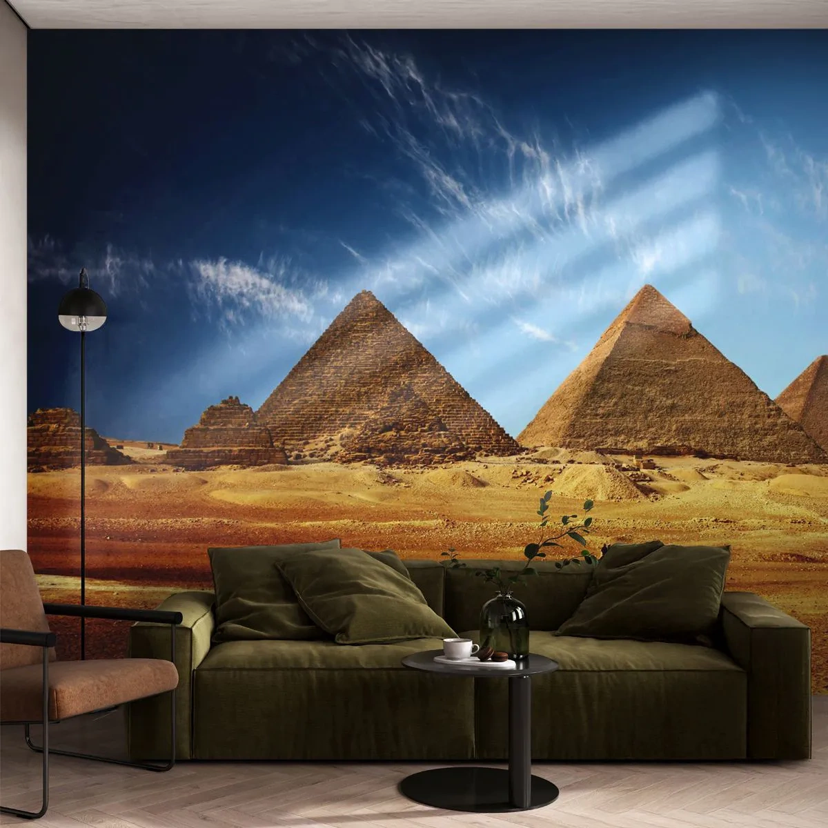 Fototapeta Premium Sand - Piramidy w Gizie na tle błękitnego nieba - 100x70cm - 40 wieków patrzy na was - Nowoczesna dekoracja ścienna do salonu, kuchni i sypialni ARTTOR
