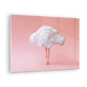Obraz na szkle - Postać kobiety z chmurą zamiast sukienki na tle pastelowego różu - 70x50cm - Słodka obietnica - Nowoczesna dekoracja ścienna do salonu i sypialni ARTTOR