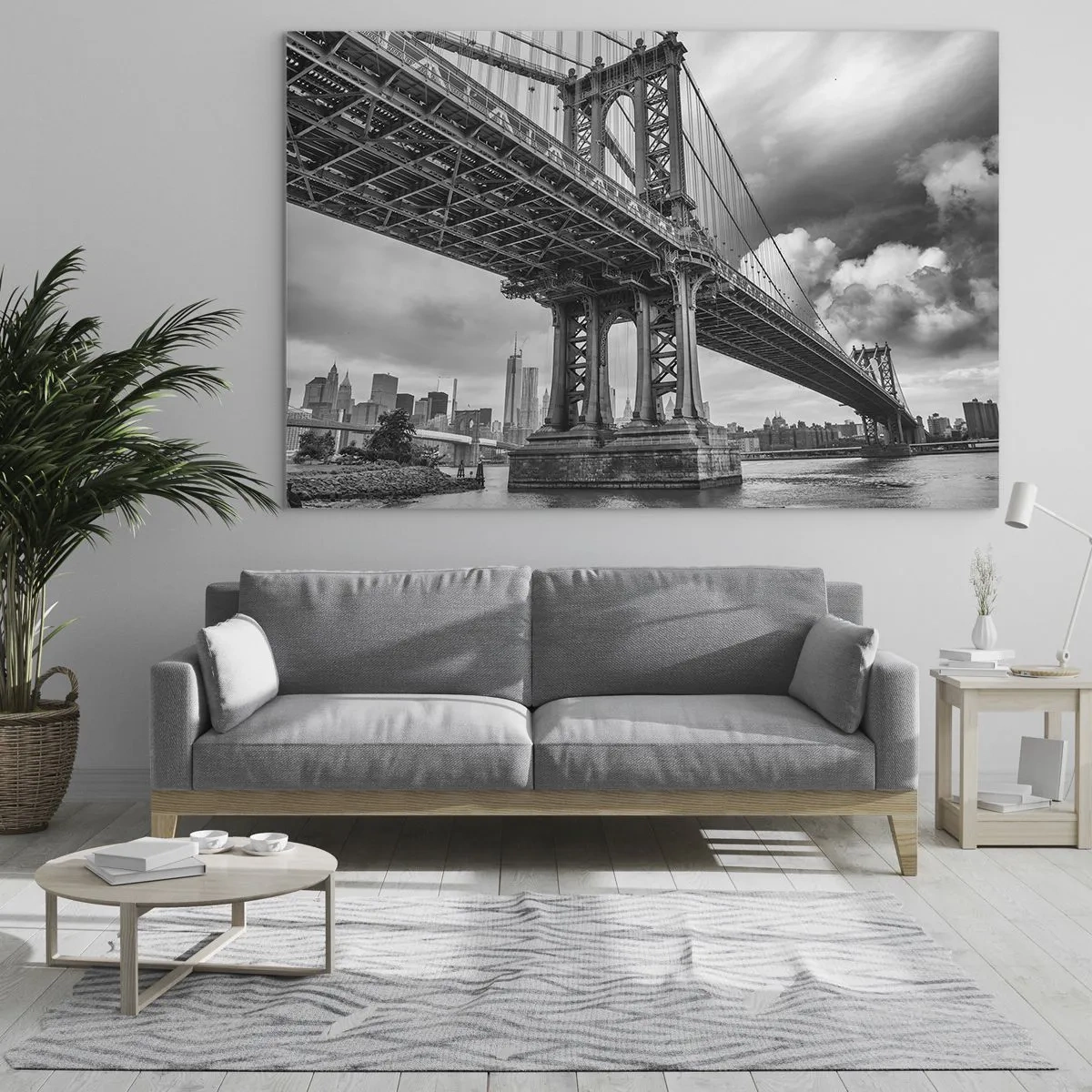 Obraz na szkle - Most wiszący w monochromatycznej scenerii - 70x50cm - Do serca miasta - Nowoczesna dekoracja ścienna do salonu i sypialni ARTTOR