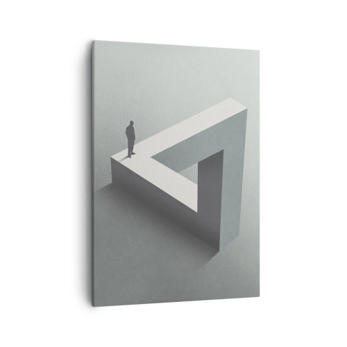 Obraz na płótnie - Sylwetka mężczyzny stojącego na niemożliwej konstrukcji optycznej - 50x70cm - A jednak możliwe - Nowoczesna dekoracja ścienna do salonu, kuchni i sypialni ARTTOR