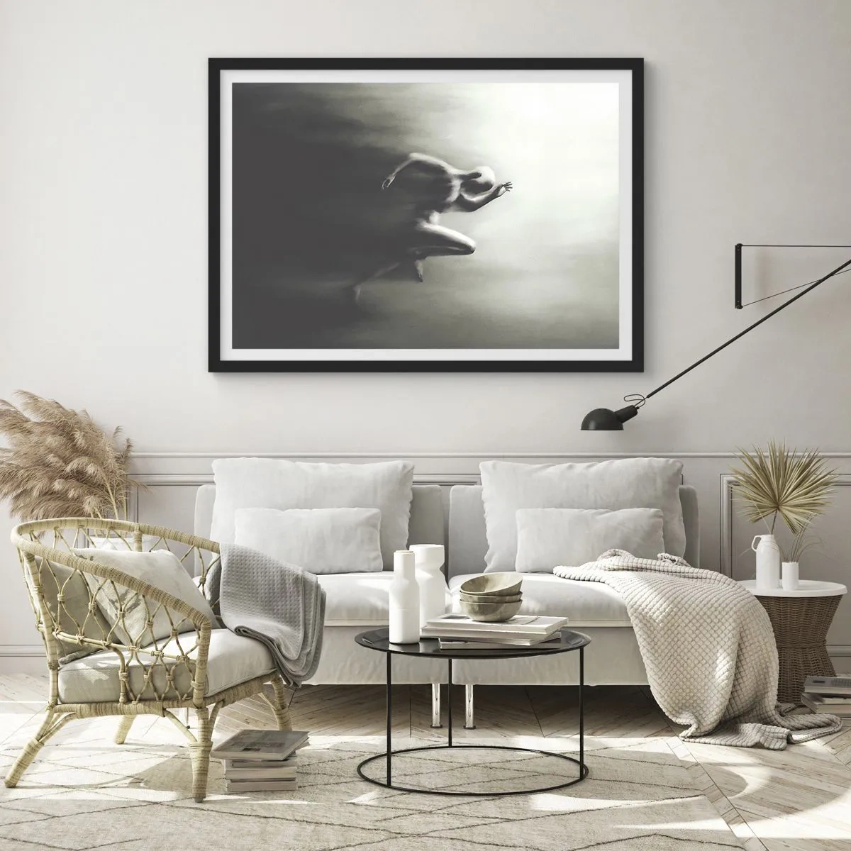 Plakat w czarnej ramie - Czarno-biała sylwetka biegnącej postaci w dynamicznym i surrealistycznym stylu - 70x50cm - Niepowstrzymany - Nowoczesna dekoracja ścienna do salonu i sypialni ARTTOR