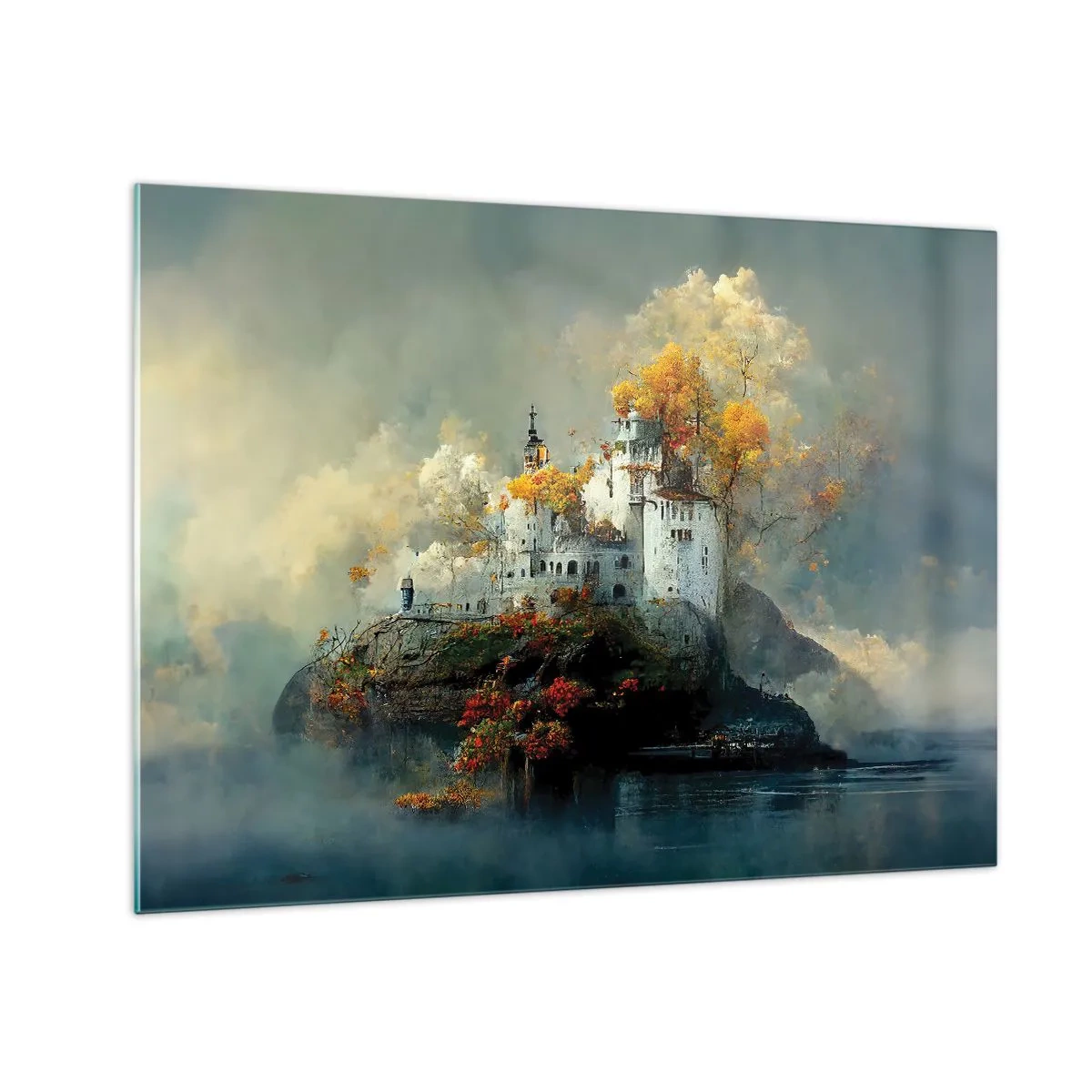 Obraz na szkle - Zamek na skale otoczony mgłą i jesiennymi drzewami - 70x50cm - Początek romantycznej opowieści - Nowoczesna dekoracja ścienna do salonu i sypialni ARTTOR