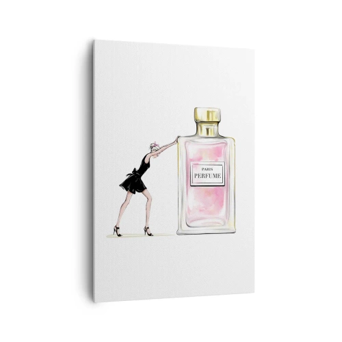 Obraz na płótnie - Kobieta w czarnej sukience przy flakonie perfum - 70x100cm - Esencja kobiecości - Nowoczesna dekoracja ścienna do salonu i sypialni ARTTOR