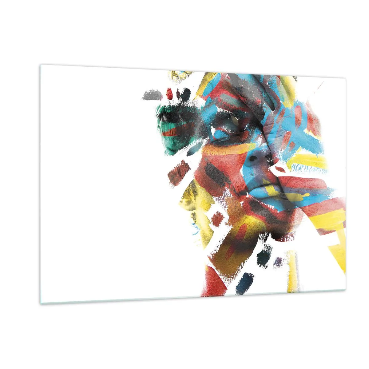 Obraz na szkle - Portret z abstrakcyjnymi, kolorowymi akcentami na twarzy - 120x80cm - Barwna osobowość - Nowoczesna dekoracja ścienna do salonu, kuchni i sypialni ARTTOR