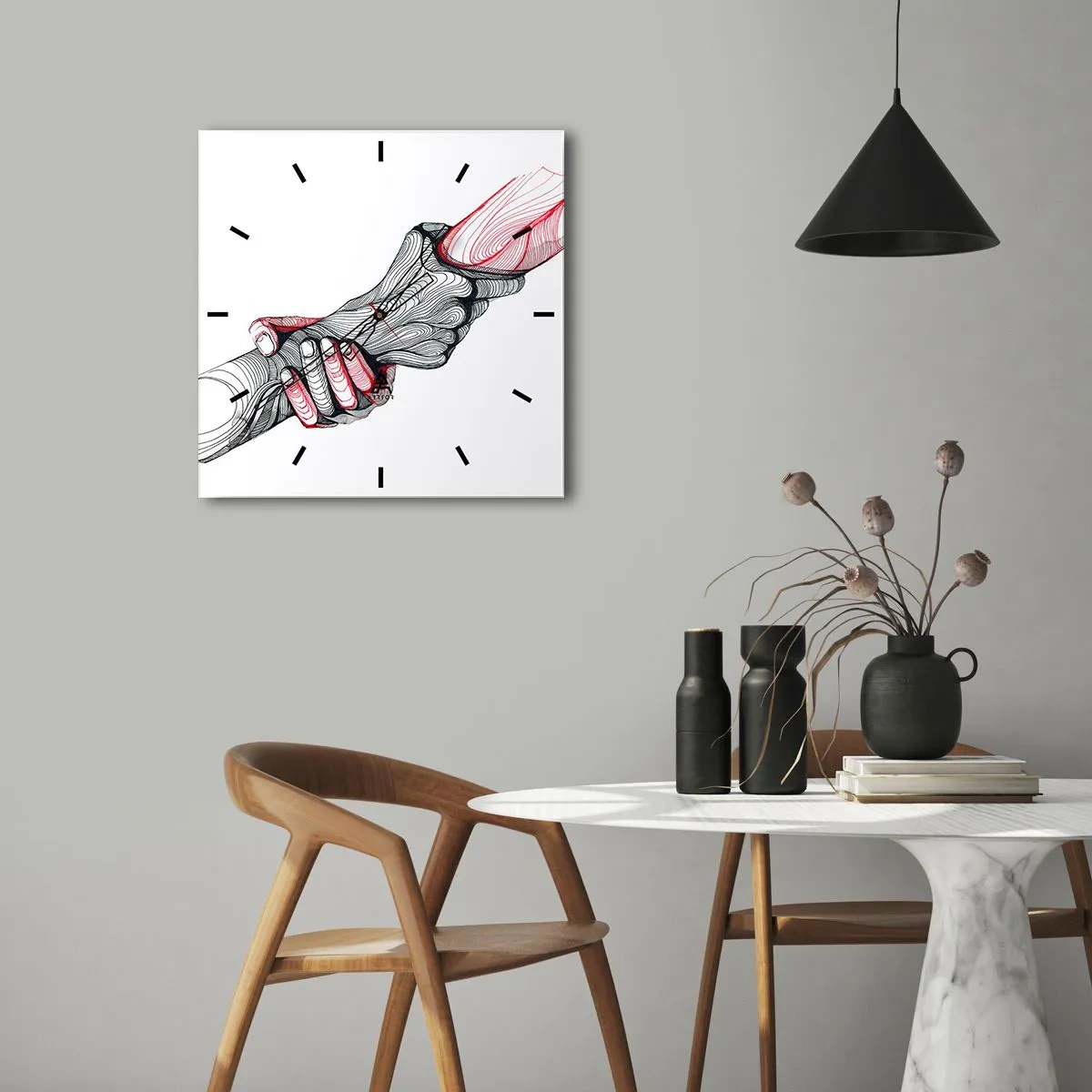 Zegar ścienny - Artystyczne ręce trzymające się nawzajem w minimalistycznym stylu - 30x30cm - Jesteś w dobrych rękach - Nowoczesna dekoracja ścienna do salonu i sypialni ARTTOR