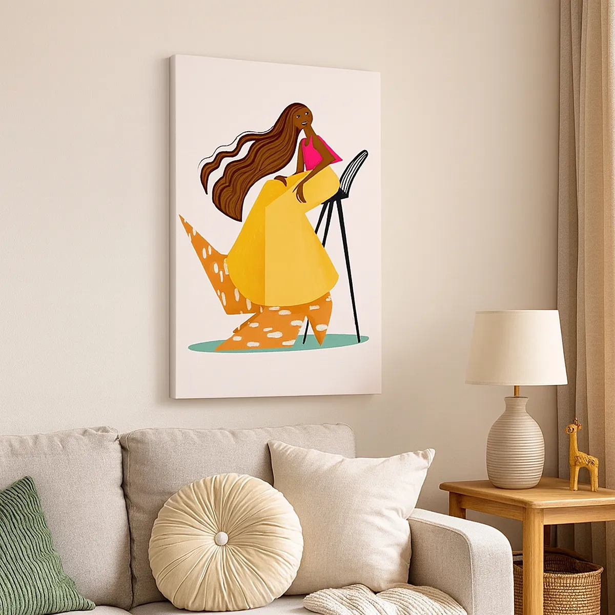 Obraz na płótnie - Stylizowana postać kobiety w kolorowej sukni siedząca na krześle - 50x70cm - Moda to też zabawa - Nowoczesna dekoracja ścienna do salonu, kuchni i sypialni ARTTOR