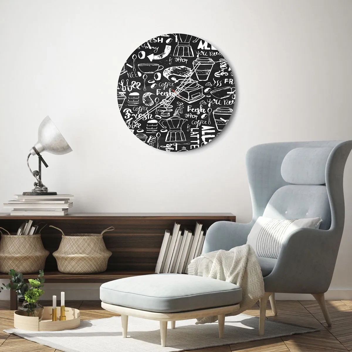 Zegar ścienny - Motyw kawowy w stylu kredowego rysunku na czarnym tle - 30x30cm - All you need is… - Nowoczesna dekoracja ścienna do salonu, kuchni i sypialni ARTTOR