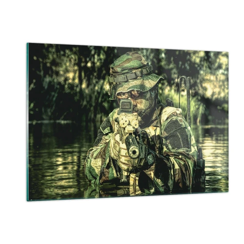Obraz na szkle - Żołnierz w pełnym kamuflażu celujący przez wizjer w wodnym otoczeniu - 120x80cm - Najlepszy z najlepszych - Nowoczesna dekoracja ścienna do salonu, kuchni i sypialni ARTTOR
