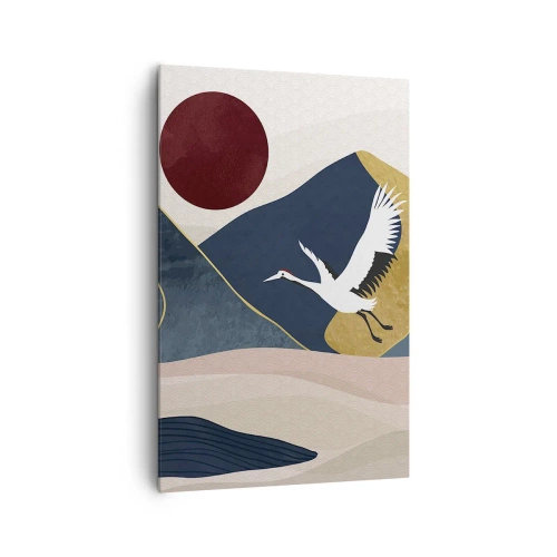 Obraz na płótnie - Żurawie w locie na tle gór i czerwonego słońca - 80x120cm - I znowu ZLECIAŁ dzień - Nowoczesna dekoracja ścienna do salonu i sypialni ARTTOR