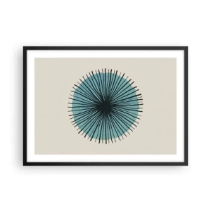 Plakat w czarnej ramie - Abstrakcyjna forma w kształcie koła z promieniami w błękitach - 70x50cm - Promieniście na błękicie - Nowoczesna dekoracja ścienna do salonu i sypialni ARTTOR