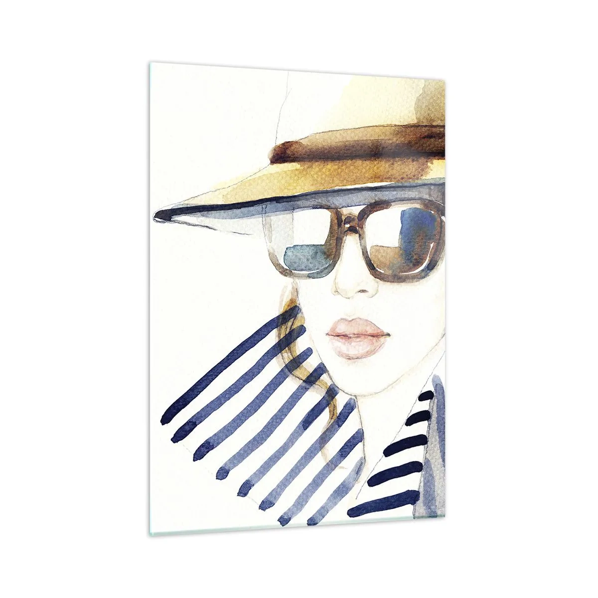 Obraz na szkle - Stylowa kobieta w kapeluszu i okularach w akwarelowym stylu - 50x70cm - Floryda wita! - Nowoczesna dekoracja ścienna do salonu, kuchni i sypialni ARTTOR