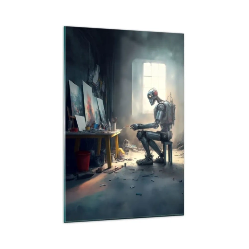Obraz na szkle - Robot malujący obraz w artystycznej pracowni - 80x120cm - Akt kreacji - Nowoczesna dekoracja ścienna do salonu i sypialni ARTTOR