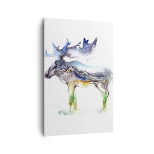 Obraz na płótnie - Akwarelowa sylwetka łosia z górskim pejzażem - 80x120cm - Bohater zimowej opowieści - Nowoczesna dekoracja ścienna do salonu i sypialni ARTTOR