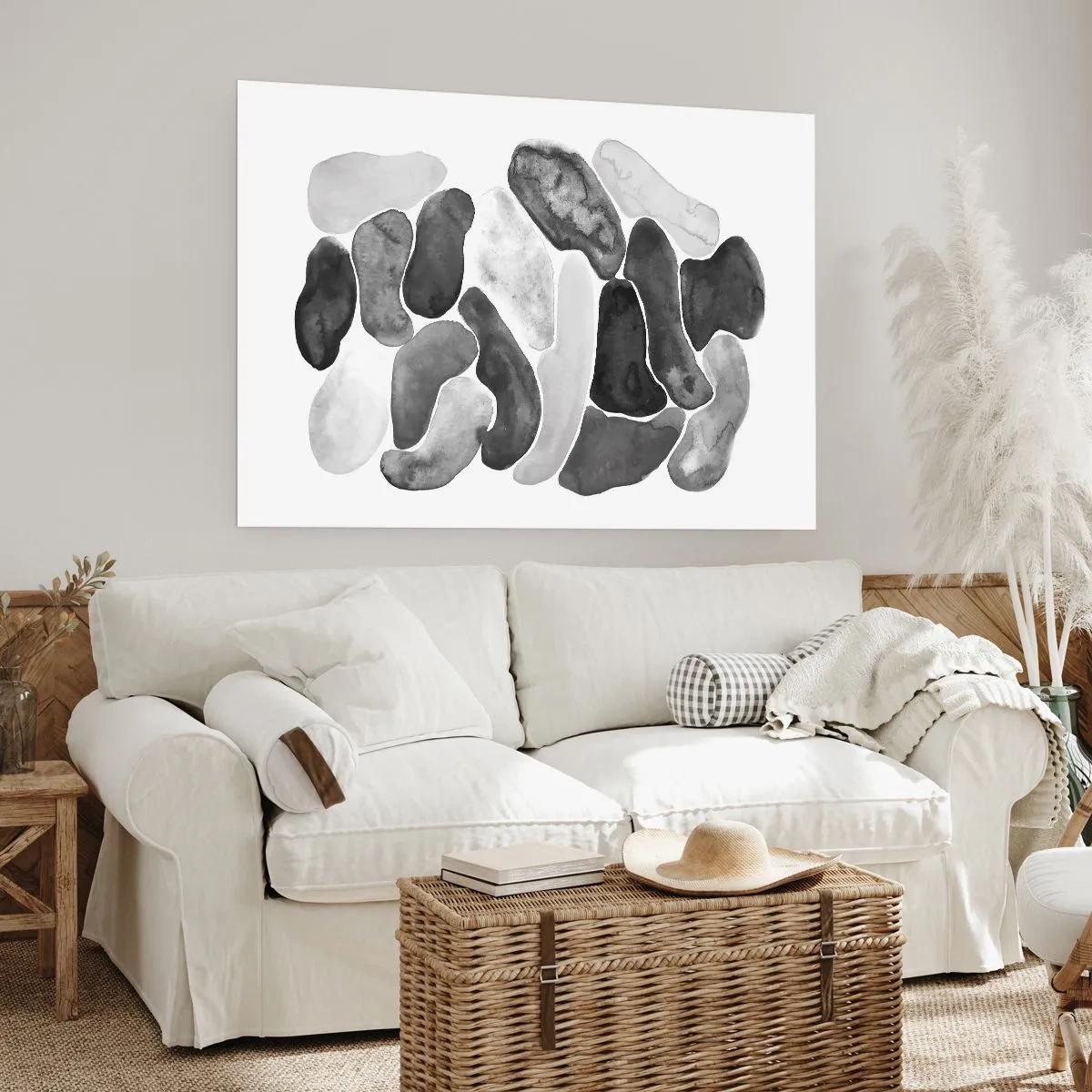 Plakat - Czarno-biała abstrakcja z nieregularnymi plamami na białym tle - 100x70cm - Abstrakcja kamienista - Nowoczesna dekoracja ścienna do salonu i sypialni ARTTOR