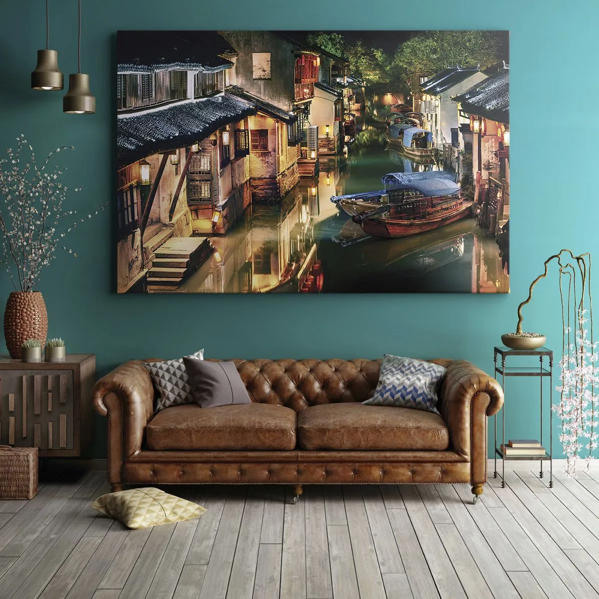 Obraz na płótnie - Nocny widok na kanały z tradycyjnymi łodziami i domami - 70x50cm - Wieczór na chińskiej ulicy - Nowoczesna dekoracja ścienna do salonu i sypialni ARTTOR