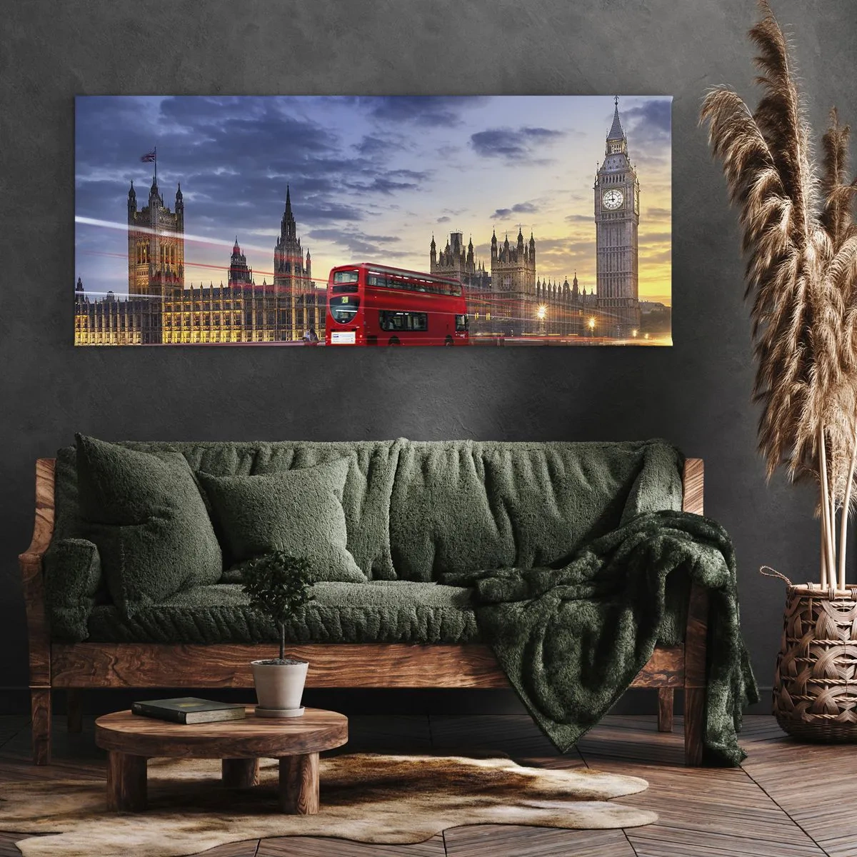 Obraz na płótnie - Czerwony autobus na tle Big Bena i Parlamentu o zmierzchu - 140x50cm - Znaki szczególne - Nowoczesna dekoracja ścienna do salonu i sypialni ARTTOR