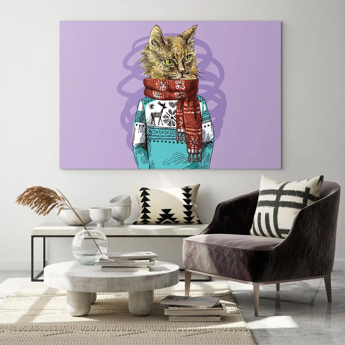 Obraz na szkle - Kot w swetrze i szaliku na fioletowym tle - 70x50cm - Kot nie tylko w butach - Nowoczesna dekoracja ścienna do salonu i sypialni ARTTOR