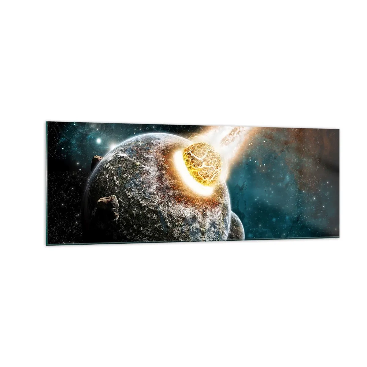 Obraz na szkle - Kosmiczna kolizja planety z asteroidą w otoczeniu galaktyki. - 140x50cm - Zagłada czy narodziny? - Nowoczesna dekoracja ścienna do salonu i sypialni ARTTOR