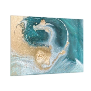 Obraz na szkle - Złoto na turkusowych falach w stylu abstrakcyjnym - 100x70cm - Wir złota i turkusu - Nowoczesna dekoracja ścienna do salonu, kuchni i sypialni ARTTOR