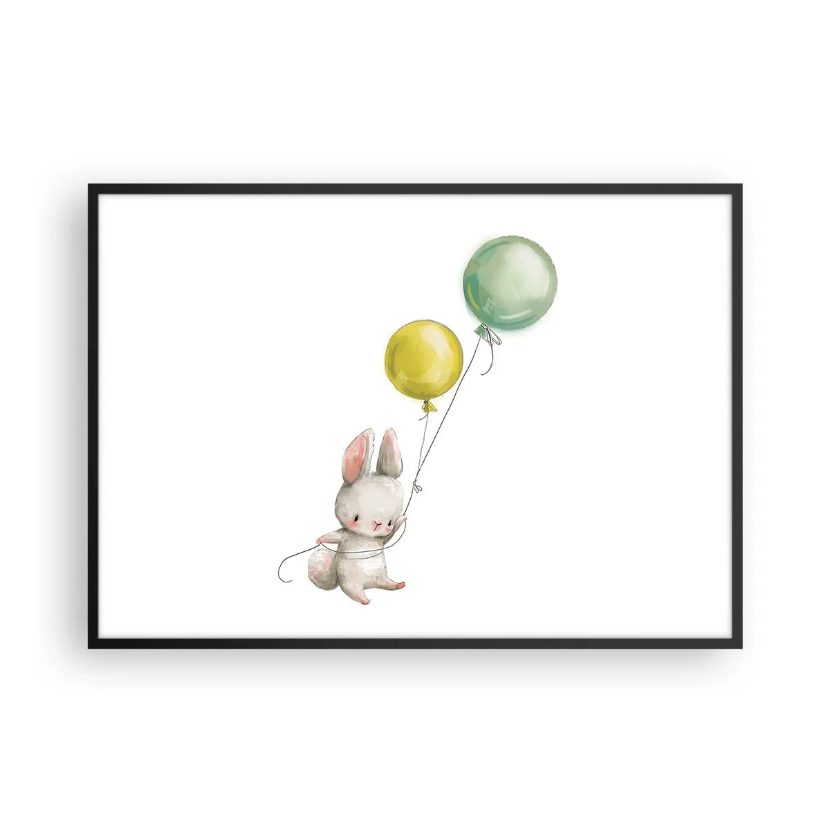 Plakat w czarnej ramie - Królik trzymający balony w pastelowych odcieniach - 100x70cm - Też polecę! - Nowoczesna dekoracja ścienna do salonu i sypialni ARTTOR
