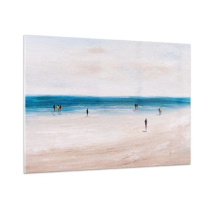 Obraz na szkle - Spokojna plaża z sylwetkami ludzi spacerujących przy linii morza - 100x70cm - Naturalna potrzeba - Nowoczesna dekoracja ścienna do salonu, kuchni i sypialni ARTTOR