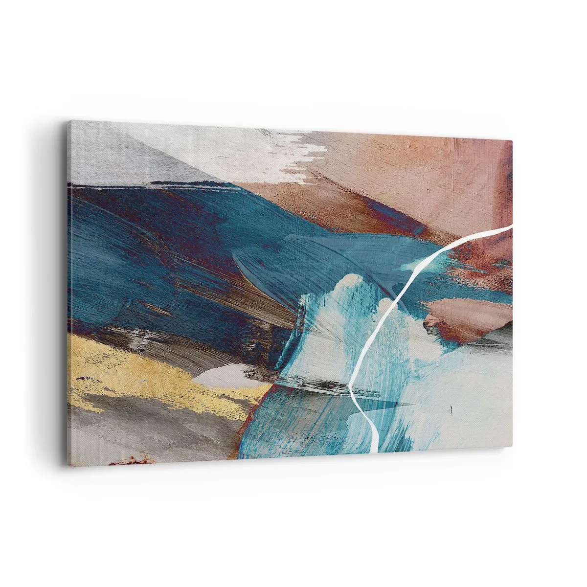 Obraz na płótnie - Abstrakcyjne pociągnięcia pędzla w odcieniach niebieskiego i złota - 100x70cm - Z rozmachem i energicznie - Nowoczesna dekoracja ścienna do salonu, kuchni i sypialni ARTTOR