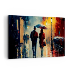 Obraz na płótnie - Spacer w deszczu pod parasolem w mieście nocą - 120x80cm - Miejska love story - Nowoczesna dekoracja ścienna do salonu, kuchni i sypialni ARTTOR