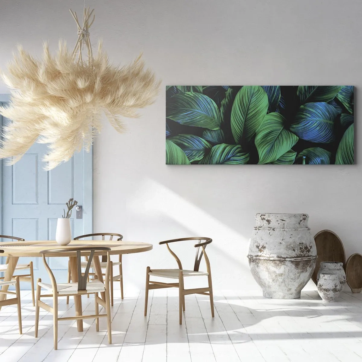 Obraz na płótnie - Zielone liście w minimalistycznym stylu - 160x50cm - W zielonym tłumie - Nowoczesna dekoracja ścienna do salonu i sypialni ARTTOR