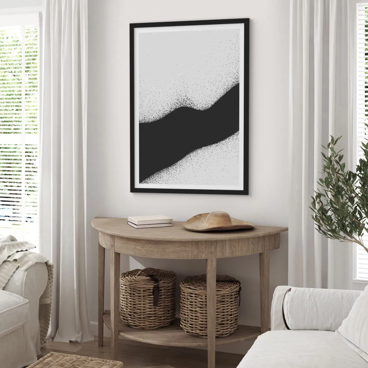 Plakat w czarnej ramie - Minimalistyczna forma fali w czerni i szarości z efektem ziarnistości - 50x70cm - Płynna równowaga - Nowoczesna dekoracja ścienna do salonu i sypialni ARTTOR
