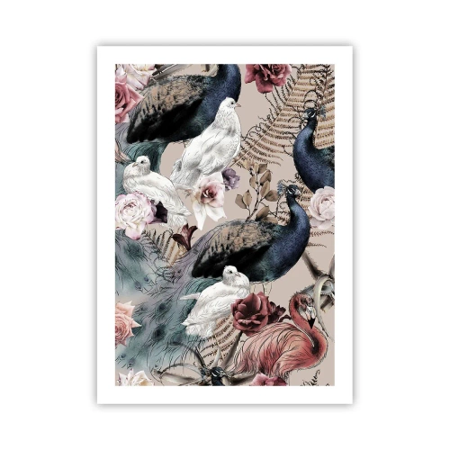 Plakat - Kolorowe ptaki i kwiaty na beżowym tle - 50x70cm - W pałacowym ogrodzie - Nowoczesna dekoracja ścienna do salonu, kuchni i sypialni ARTTOR