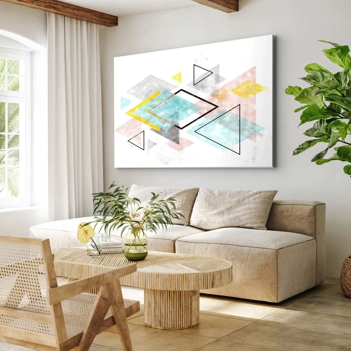 Obraz na płótnie - Kolorowe geometryczne wzory na białym tle - 70x50cm - Igraszka geometryczna - Nowoczesna dekoracja ścienna do salonu i sypialni ARTTOR