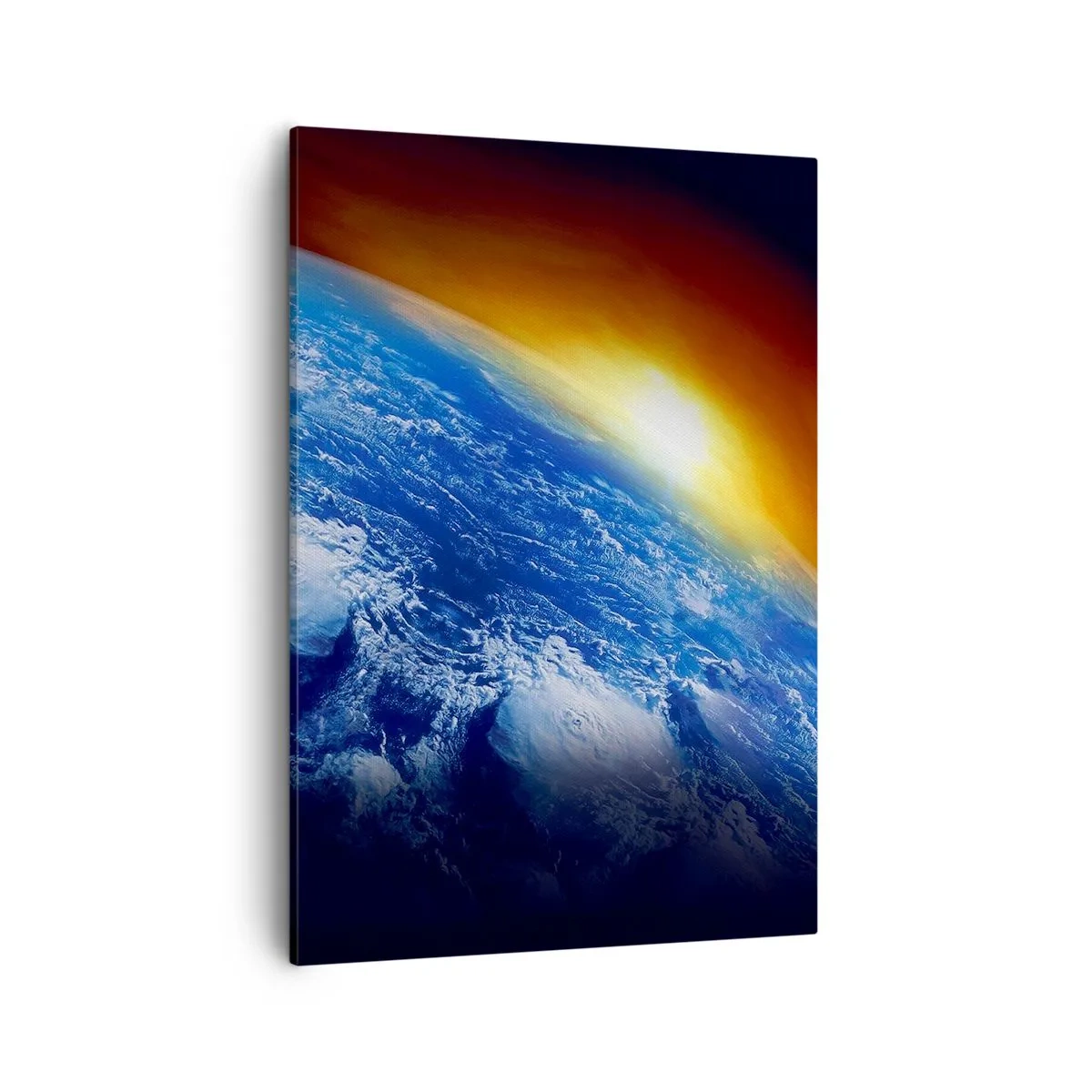 Obraz na płótnie - Ziemia widziana z kosmosu w świetle wschodu - 50x70cm - Wschód słońca nad błękitną planetą - Nowoczesna dekoracja ścienna do salonu, kuchni i sypialni ARTTOR
