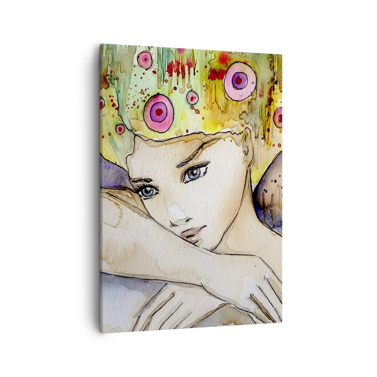 Obraz na płótnie - Akwarelowy portret kobiety z kolorową abstrakcją - 50x70cm - Motyla księżniczka - Nowoczesna dekoracja ścienna do salonu, kuchni i sypialni ARTTOR