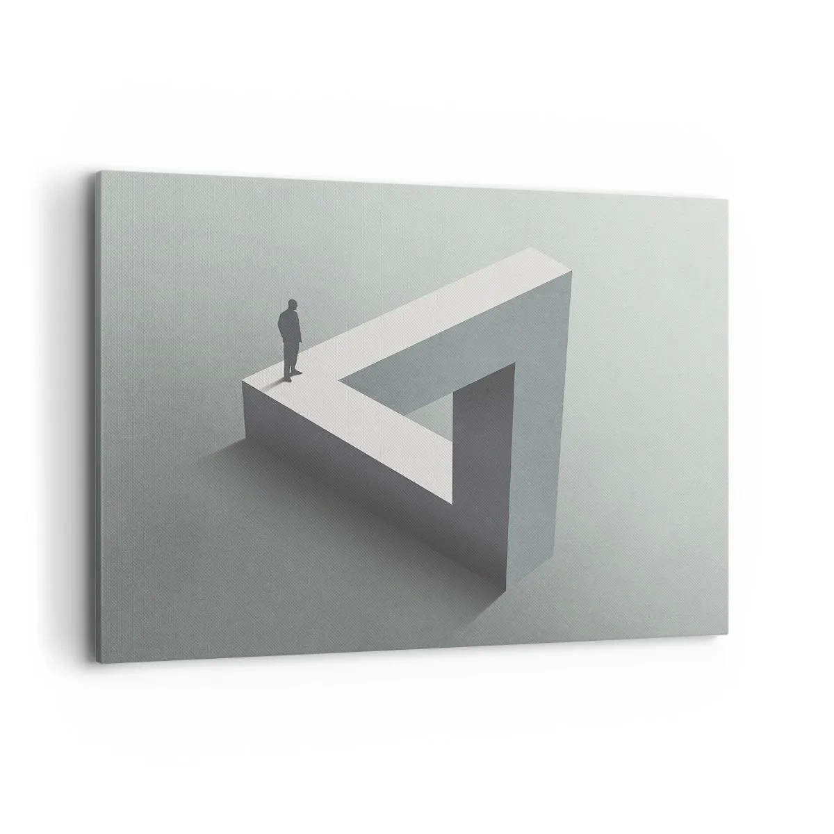 Obraz na płótnie - Postać stojąca na trójkącie Penrose’a w szarościach - 100x70cm - A jednak możliwe - Nowoczesna dekoracja ścienna do salonu, kuchni i sypialni ARTTOR