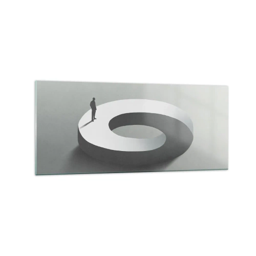 Obraz na szkle - Człowiek na szarej, abstrakcyjnej konstrukcji - 120x50cm - I bądź tu mądry - Nowoczesna dekoracja ścienna do salonu i sypialni ARTTOR