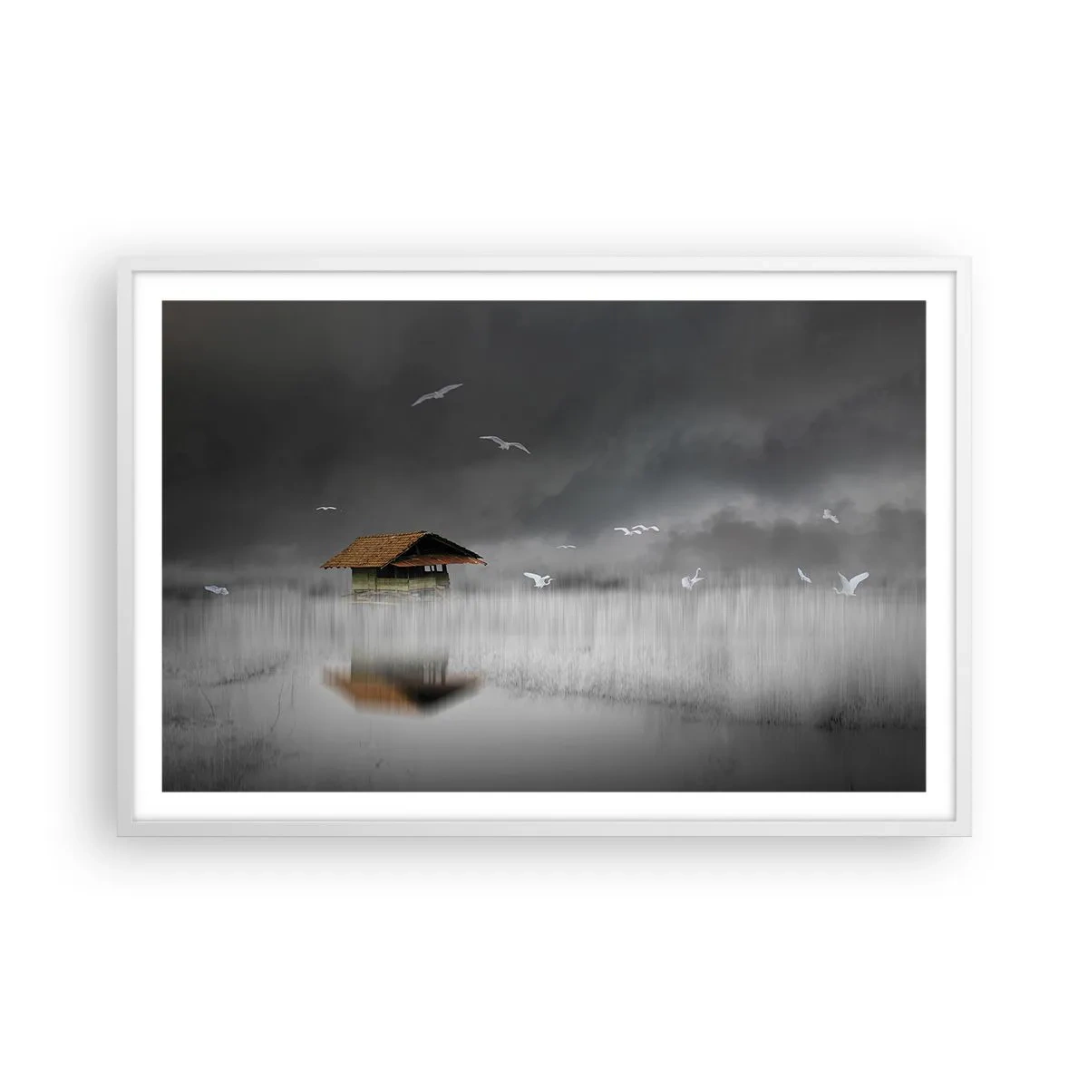 Plakat w białej ramie - Schronienie przed deszczem - 91x61 cm