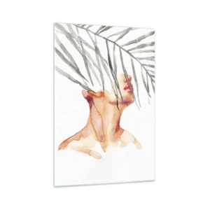 Obraz na szkle - Akwarelowa sylwetka kobiety z gałęzią palmy zasłaniającą twarz - 70x100cm - Poczuć puls tropików - Nowoczesna dekoracja ścienna do salonu i sypialni ARTTOR