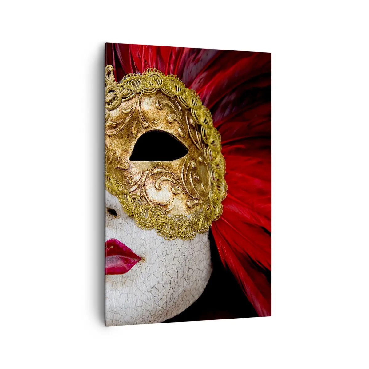 Obraz na płótnie - Złota maska wenecka z czerwonymi piórami - 80x120cm - Obietnica karnawałowej przygody - Nowoczesna dekoracja ścienna do salonu i sypialni ARTTOR