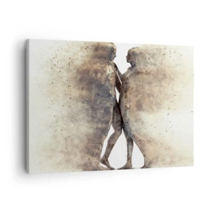 Obraz na płótnie - Abstrakcyjny duet sylwetek w piaskowych odcieniach - 70x50cm - Z prochu powstali, by kochać - Nowoczesna dekoracja ścienna do salonu i sypialni ARTTOR