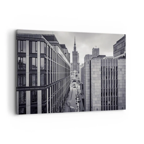 Obraz na płótnie - Panorama Warszawy z widokiem na Pałac Kultury i otaczające budynki - 120x80cm - Warszawska dolina - Nowoczesna dekoracja ścienna do salonu, kuchni i sypialni ARTTOR