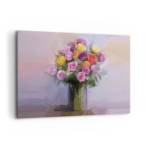 Obraz na płótnie - Bukiet kolorowych róż w szklanym wazonie - 120x80cm - Zatrzymane piękno - Nowoczesna dekoracja ścienna do salonu, kuchni i sypialni ARTTOR