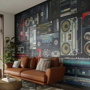 Fototapeta Premium Sand - Kolekcja retro boomboxów i sprzętu audio na ciemnym tle - 100x70cm - Tęsknota za latami 80. - Nowoczesna dekoracja ścienna do salonu, kuchni i sypialni ARTTOR